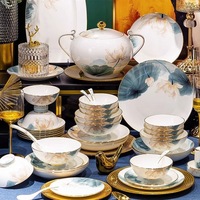 Service de table de luxe 60 pièces en porcelaine fine avec motif Lotus et Lune, compatible micro-ondes et four, kit d'ustensiles pour la maison et cadeau de mariage