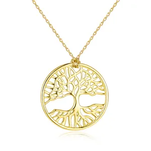 Collares colgantes chapados en oro de 18 quilates a la moda para mujer Collar de árbol de la vida familiar de forma redonda de Plata de Ley 925