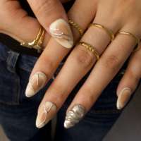 Ongles à presser en acrylique nude rose dégradé, motif abstrait ligne argentée, French manucure, forme amande, peints à la main, ongles 3D gaufrés argentés