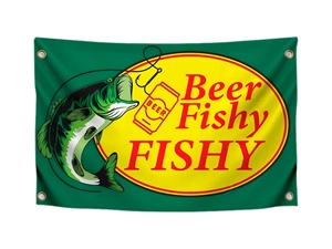 Bandiera 3x5 piedi con motivo Birra e Pesce, Monofacciale, Impermeabile, Ecologica, 4 occhielli, 100% Poliestere, Resistente allo sbiadimento, per Interni/Esterni - Product Image 1