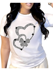 T-shirt casual da donna taglie forti girocollo a maniche corte con stampa a cuore in puro cotone vestibilità regolare per tutte le stagioni - Product Image 1