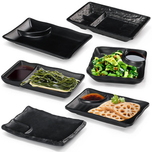Double Compartment Snack <b>Plate</b> Rectangle Black <b>Melamine</b> Dish For Hotel Party Use - Product Image 1