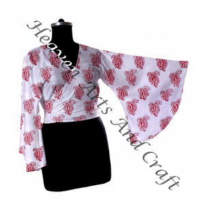 Blusas de manga acampanada de algodón 100% para mujer Primavera Verano moda nuevo estampado de bloque Casual suelto tamaño libre Wrap Tie Top - Product Image 1