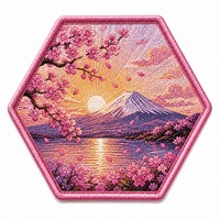 Patchs brodés thermocollants et à coudre, motif hexagonal Mont Fuji, Sakura, détails de pétales tombants en reflet, pour les voyages au Japon et la thème Sakura