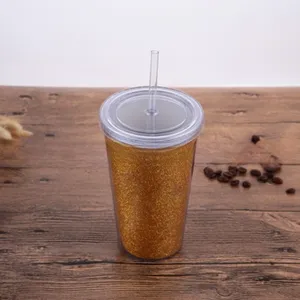 Costom Logo Reusable Travel Plastic Slim Iced Coffee Cup With Silicone Seal Screw-On-Lid Straw Double Walled Glitter Tumbler