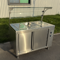 Chauffe-plat commercial en acier inoxydable avec 3 bacs alimentaires et protection anti-éclaboussures avec porte coulissante et armoire de rangement pour la restauration
