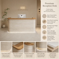 Comptoir de réception texturé avec bordure en bois massif, éclairage LED, logo personnalisé, comptoir de caisse pour spa, salon, clinique