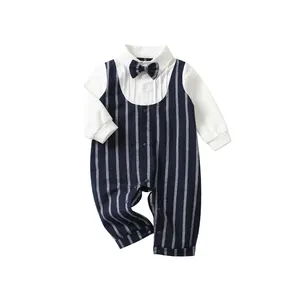 Moda resmi düğün Suit bebek erkek smokin beyefendi yelek Romper Romper tulum özel giysiler 4 ay Boy pamuk tulumlar