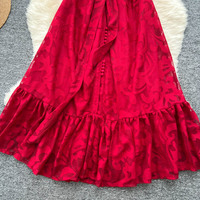 Robe longue décontractée élégante rouge pour femme, coupe trapèze, en dentelle, col montant, manches bouffantes, ceinturée, ourlet à volants, pour le quotidien et les vacances