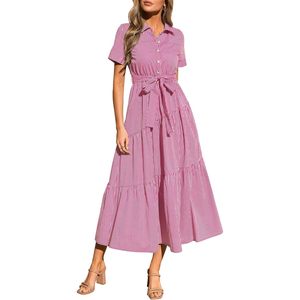 FOXA Women's Summer Maxi Button Up Shirt Dress Short Sleeve Striped A Line Flowy Elegant Spring Casual Dress - Product Image 1