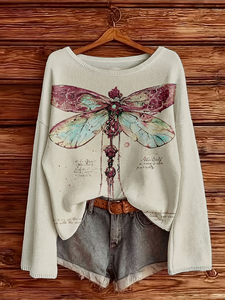 Maglione da Donna con Grafica Libellula 2026, Stampa Botanica Vintage, Girocollo, 100% Poliestere, Top con Stampa Digitale Narrativa - Product Image 3