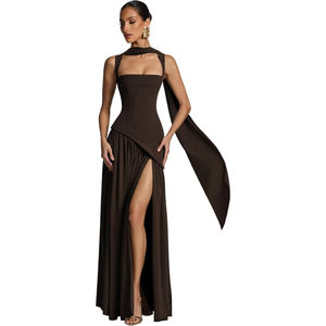 فستان شيفون لوصيفة العروس مع وشاح بفتحة رقبة مربعة وفتحة جانبية بطيات فستان رسمي طويل NT01 - Product Image 1