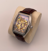 Montre mécanique attrayante à la mode pour hommes cadran squelette boîtier analogique en acier inoxydable bracelet en cuir véritable 50m étanche
