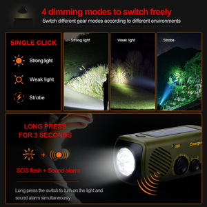 Năng lượng mặt trời FM Torch Hand Crank Máy phát điện 5 đèn LED có thể sạc lại âm thanh báo động di động đi bộ đường dài thiết bị chiếu sáng khẩn cấp - Product Image 3