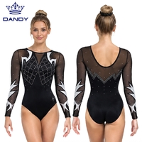 Justaucorps de gymnastique noir à manches longues, en maille transparente, imprimé à pointes argentées, orné de strass, pour compétition professionnelle