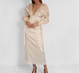 Abito <span class=keywords><strong>da</strong></span> donna in raso avorio personalizzato con scollo a V profondo e maniche a sbuffo, vestito midi premaman <span class=keywords><strong>per</strong></span> invitati a matrimoni e serate eleganti - Product Image 1