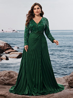 Robe de soirée pour femme, haut en dentelle, manches longues, jupe plissée à fente haute, couleur verte, grande taille
