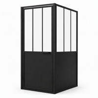 Porte pivotante de douche à cadre noir, verre à grille verticale demi-panneau, style industriel, cabine de douche d'angle sur mesure, vente en gros