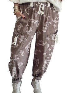 Western Cowboy Boot Cactus Print Jogger Harem Pants <strong>Women</strong> Drawstring Waist <strong>Cargo</strong> Pocket <strong>Cuffed</strong> Trousers Casual Wear - Product Image 3