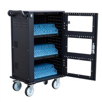 Armoire de charge rapide USB électrique noire à 3 niveaux et 48 baies avec porte en verre pour le rangement et la charge d'ordinateurs portables et de tablettes, chariot de charge
