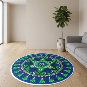 <b>Round</b> Bohemian Medallion Area Jute <b>Rug</b> Blue <b>White</b> Pattern Non-Slip Rubber Backing Living Room Floor Mat Made in Bangladesh - Product Image 5