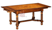 Table à manger extensible Renaissance avec plateau en bois de burl, incrustation marqueterie, pieds tournés et traverse en H festonnée