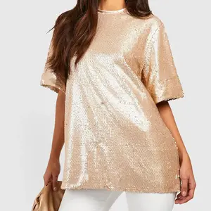 Baumwolle Elasthan Rundhalsausschnitt individuelle Beige Pailletten Mädchen T-Shirts Luxus übergroße ganze Seitenwäsche Frauen T-Shirts
