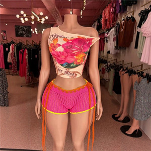 Jiubaju Nuovo Completo Estivo da Donna in Maglia Traforata con Top Corto Monospalla Slim e Shorts, Set Due Pezzi per la Spiaggia - Product Image 4