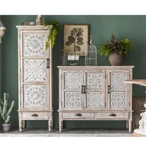 Nordic Vintage Decorative Furniture Hand Carved Doors Large Storage White Wooden Cabinet