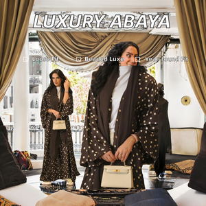 Dubai Abaya Factory Luxury Eid Islamic Muslim Women Dress Modest Kimono Polka Dots Open Dress Scarf Set Polyester - Product Image 2