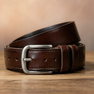 Ceinture en cuir véritable marron uni avec boucle ardillon rectangulaire en cuivre, décontractée et durable pour homme - Product Image 1