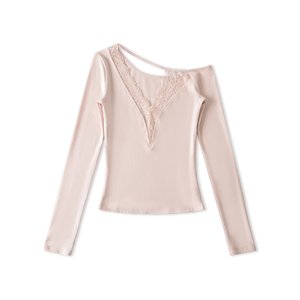 PB&amp;ZAdeep V Lace Sloping Shoulder Long Sleeved T-shirt for Women's Slim Fit and Slimming, <strong>Patchwork</strong> Bottom, Elastic High-end <strong>Top</strong> - Product Image 2