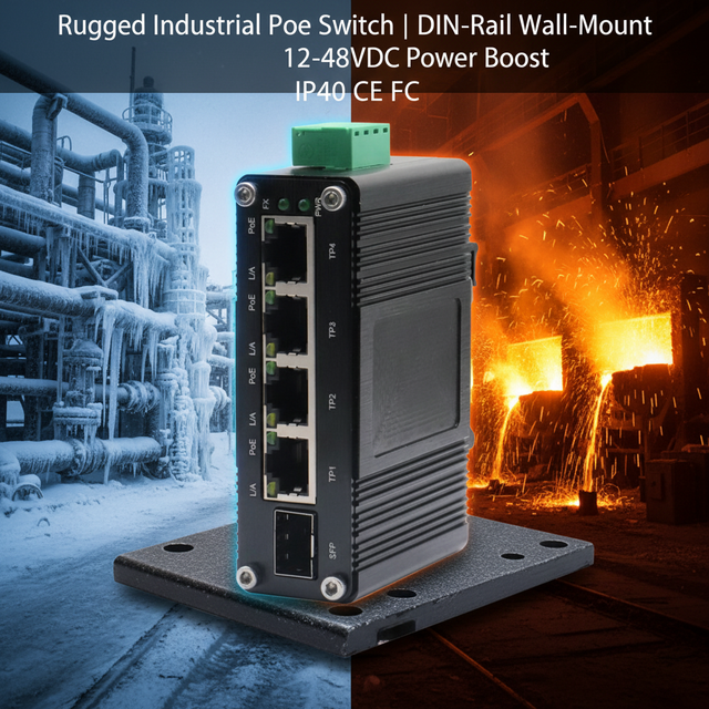 Rugged Industrial Gigabit PoE Ethernet Switch 4xRJ45 1xSFP DIN-Rail Wall Mount 12-48VDC 10Gbps Capacity Full-Duplex for Network