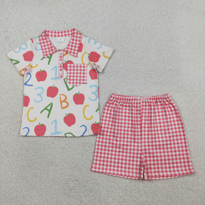 Back to School Kids Toddler Girl Boy <b>Clothes</b> Letter Apple Print Short Sleeve Tops with Plaid Shorts 2pcs Summer Clothing Sets - Product Image 3