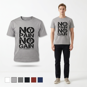 T-shirt en coton gris chiné imprimé pour homme, manches courtes, fitness, personnalisé, avec la citation 'No Pain No Gain', vente en gros - Product Image 1