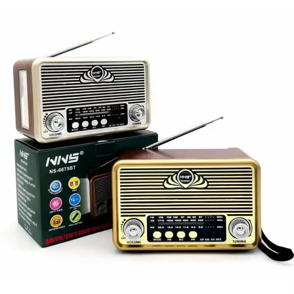 2024 Latest NS-6675BT Radio Speaker Vintage Style Wooden Stereo Sound Portable Party Speakers FM AM SW 3 Bands Retro Speaker