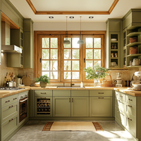 Armoires de cuisine sur mesure de style rétro, avec détail de porte cintrée et finition laquée mate, fabriquées sur commande pour projets résidentiels