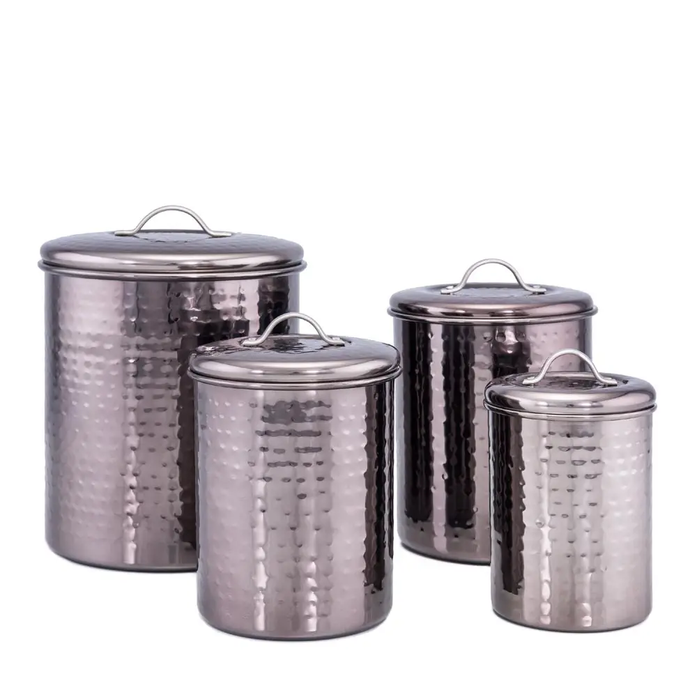 Silver Hammered Stainless Steel Kitchen Decorative Canister Set of 4 Metal Iron Jars Hand Made canister