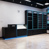Comptoir d'exposition de tabac APEX personnalisé avec logo de marque, éclairage LED et système de distribution par poussée en acrylique