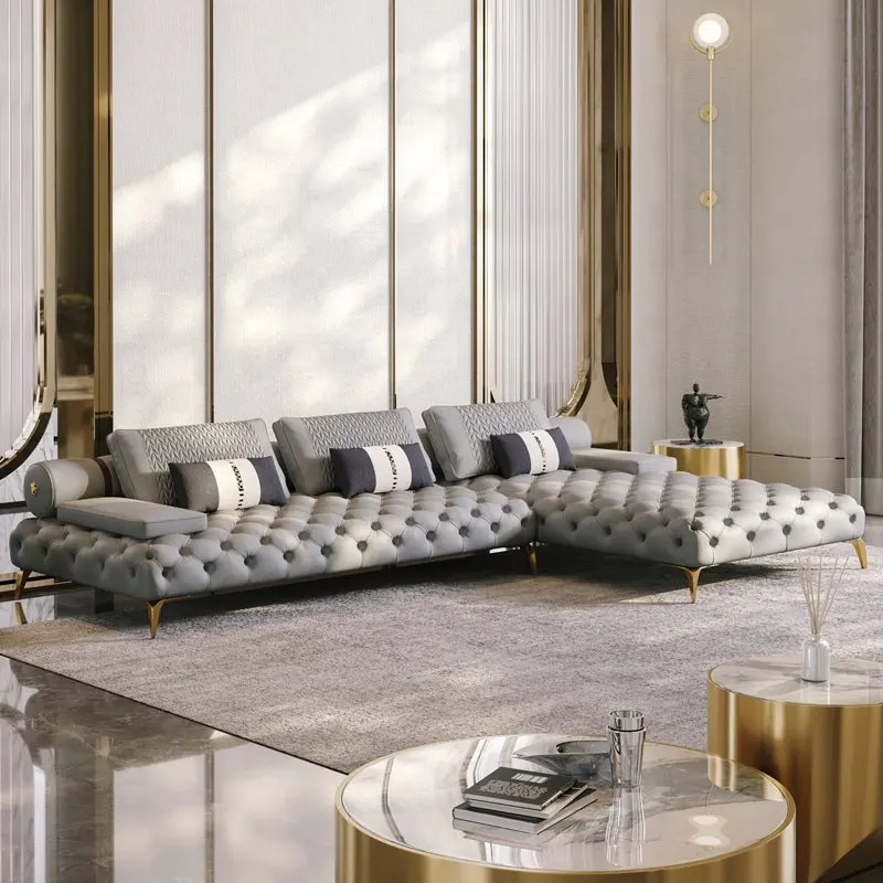 Desain Baru Mewah High-End Kulit Chesterfield Sofa Ld Set untuk Ruang Tamu Furniture Ure 1 Piece Modern Divano CN;GUA