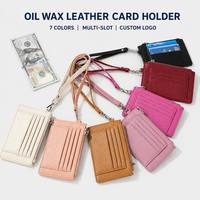 Großhandel: Öl-Wachs-Leder Kartenetui mit Reißverschluss, Multi-Slot Kartenorganizer mit Handschlaufe, 7 Farben