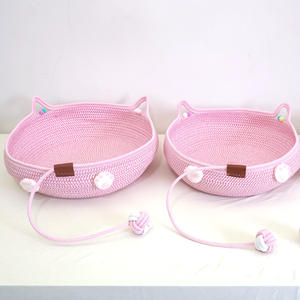 Cesta de cama tejida para gatos con orejas, cojín tejido de cuerda de algodón para perros pequeños, cachorros, cama rosa para dormir para mascotas, nido con pelota de juego - Product Image 3