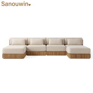 Minimalist Line Design Outdoor Garden Teak L-<strong>Shape</strong> <strong>Sofa</strong> <strong>Set</strong> Sturdy <strong>All</strong>-Weather for Park Courtyard Farmhouse Hall or Villa - Product Image 4