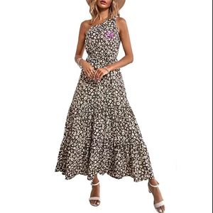 Vestido de Playa de Verano Personalizado de Fábrica, Vestido Largo Informal de un Solo Hombro sin Mangas para Mujer, Vestido de Gasa Tejida con Estampado Floral, Cintura Alta, Corte en A - Product Image 3