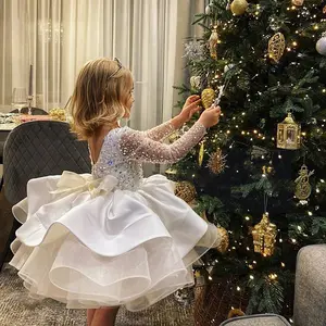 High-End Fashion Designs White Fluffy Frocks Long Sleeve Lace Dress Baby Girl Halter Little Flower Girls Party Dresses