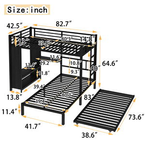 Cama Triple Metálica Industrial con Armario Integrado, Escritorio Plegable Ajustable y Escalera, Diseño que Ahorra Espacio para Dormitorio - Product Image 4