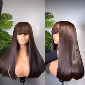 Perruque brésilienne vierge en <span class=keywords><strong>cheveux</strong></span> humains brun foncé, soyeuse, lisse, SDD Double Drawn, avec <span class=keywords><strong>frange</strong></span> et closure en dentelle HD 2x6 - Product Image 1