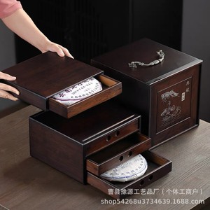Tea <b>Storage</b> <b>Box</b> Rectangular Wooden Double <b>Drawer</b> Chinese Style For Tea Cake Pu'er Kung Fu Tea Set Packaging - Product Image 2