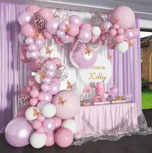 140 шт. розовый шар гирлянда Сиреневый Фиолетовый Хром конфетти Шар АРКА комплект, свадьба, вечеринка, воздушные шары с бабочкой наклейки