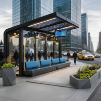 Abri de bus moderne en verre à énergie solaire, station d'arrêt de bus intelligente pour ville connectée avec toit à panneaux solaires et affichage numérique de l'heure d'arrivée du bus